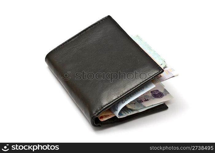 Wallet and various currency isolated on white background