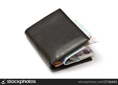 Wallet and various currency isolated on white background
