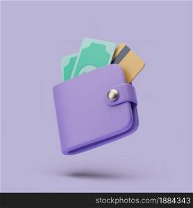 Wallet with cash and credit cart icon. 3d simple render illustration on pastel background. Isolated object with soft shadows. Wallet with cash and credit cart icon. 3d simple render illustration on pastel background.