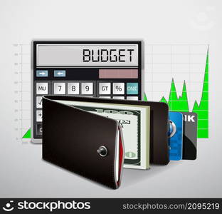 Wallet with cash, credit cards and budget calculator on graph background