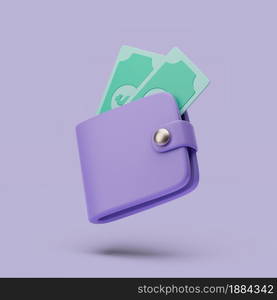 Wallet with cash icon. 3d simple render illustration on pastel background. Isolated object with soft shadows. Wallet with cash icon. 3d simple render illustration on pastel background.