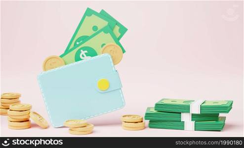 Wallet with coins and banknote dollar, Money online payment saving business success icon on pink background, investment finance, cash back full purse, 3D rendering illustration