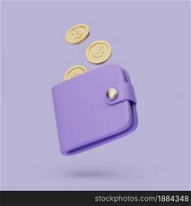 Wallet with coins icon. 3d simple render illustration on pastel background. Isolated object with soft shadows. Wallet with coins icon. 3d simple render illustration on pastel background.