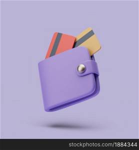 Wallet with credit carts icon. 3d simple render illustration on pastel background. Isolated object with soft shadows. Wallet with credit carts icon. 3d simple render illustration on pastel background.