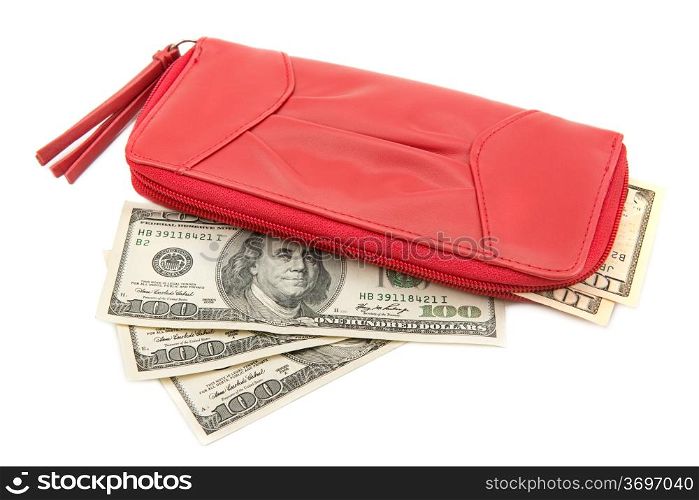 wallet with dollar bills on a white background
