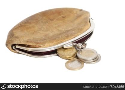 wallet with some euros coins isolated on white