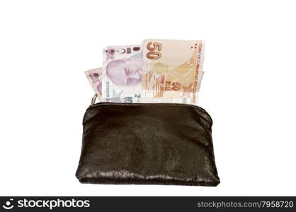 Wallet with turkish lira on the white background