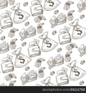 Wallets and purses with money, bags filled with cash coins and banknotes seamless pattern. Investment or savings, finance and banking. Precious metal. Monochrome sketch outline, vector in flat style. Bags and wallets filled with money seamless pattern