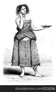 Wallis Islands, Young woman wearing kouva, vintage engraved illustration. Magasin Pittoresque 1846.