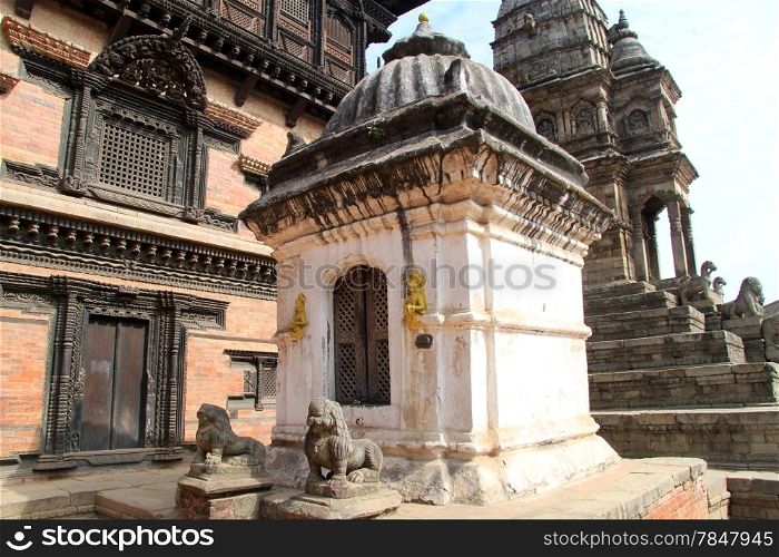 Walll of palace and temples on the Durbar square in Bhaktapur, Nepal