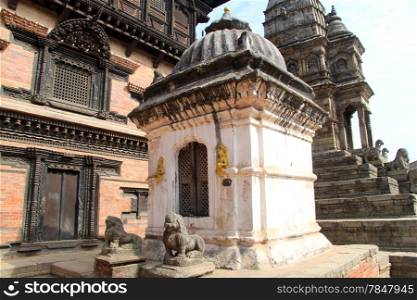 Walll of palace and temples on the Durbar square in Bhaktapur, Nepal