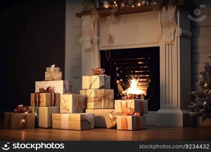 Wallpaper, gift boxes for christmas for the new year by the fireplace with fire, dark interior. Header banner mockup with copy space. AI generated.. Wallpaper, gift boxes for christmas for the new year by the fireplace with fire, dark interior. AI generated.