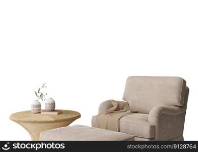 Wallpaper presentation mock up. Armchair and coffee table isolated on white background. Copy space for wallpaper design, wall panels, photo wallpaper, print or paint. Interior mockup. 3D render. Wallpaper presentation mock up. Armchair and coffee table isolated on white background. Copy space for wallpaper design, wall panels, photo wallpaper, print or paint. Interior mockup. 3D render.