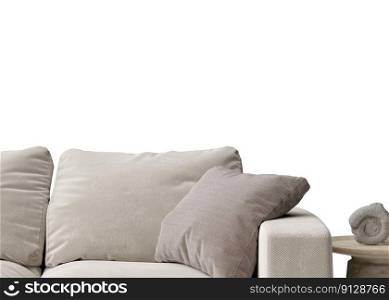 Wallpaper presentation mock up. Part of sofa and coffee table isolated on white background. Copy space for wallpaper design, wall panels, photo wallpaper, print or paint. Interior mockup. 3D render. Wallpaper presentation mock up. Part of sofa and coffee table isolated on white background. Copy space for wallpaper design, wall panels, photo wallpaper, print or paint. Interior mockup. 3D render.