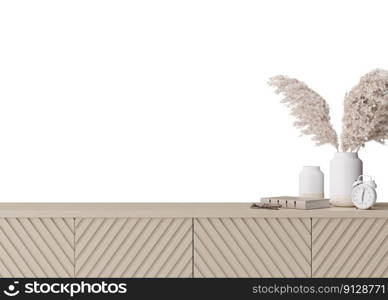 Wallpaper presentation mock up. Sideboard with home accessories isolated on white background. Copy space for wallpaper design, wall panels, photo wallpaper, print or paint. Interior mockup. 3D render. Wallpaper presentation mock up. Sideboard with home accessories isolated on white background. Copy space for wallpaper design, wall panels, photo wallpaper, print or paint. Interior mockup. 3D render.