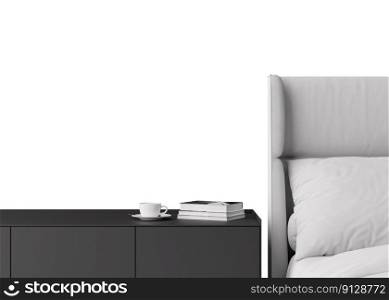 Wallpaper presentation mock up. Sideboard with home accessories isolated on white background. Copy space for wallpaper design, wall pa≠ls, photo wallpaper, pr∫or pa∫. Interior mockup. 3D render. Wallpaper presentation mock up. Sideboard with home accessories isolated on white background. Copy space for wallpaper design, wall pa≠ls, photo wallpaper, pr∫or pa∫. Interior mockup. 3D render.
