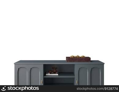 Wallpaper presentation mock up. Sideboard with home accessories isolated on white background. Copy space for wallpaper design, wall panels, photo wallpaper, print or paint. Interior mockup. 3D render. Wallpaper presentation mock up. Sideboard with home accessories isolated on white background. Copy space for wallpaper design, wall panels, photo wallpaper, print or paint. Interior mockup. 3D render.