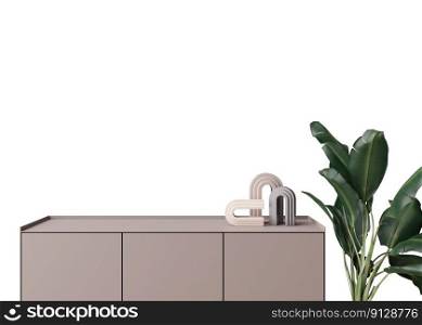 Wallpaper presentation mock up. Sideboard with home accessories isolated on white background. Copy space for wallpaper design, wall panels, photo wallpaper, print or paint. Interior mockup. 3D render. Wallpaper presentation mock up. Sideboard with home accessories isolated on white background. Copy space for wallpaper design, wall panels, photo wallpaper, print or paint. Interior mockup. 3D render.