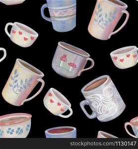 Wallpaper with cute mugs in pastel colors. Beautiful delicate seamless pattern. Cozy cups on black background. Acrylic painting. For design wrapping paper, postcard, scrapbooking and more.
