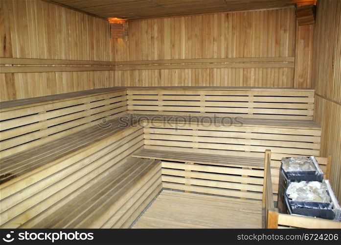 Walls and floor inside wooden sauna in Turkey