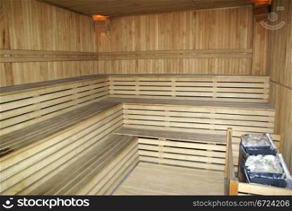 Walls and floor inside wooden sauna in Turkey