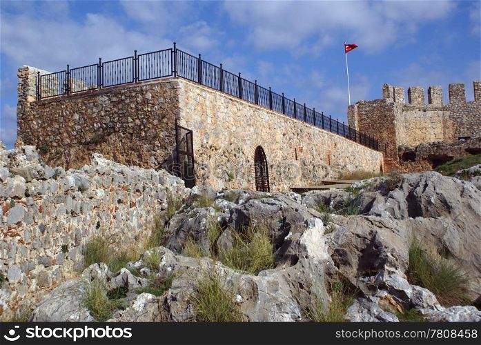 Walls inside castle on the top of hill in Alanya, Turkey