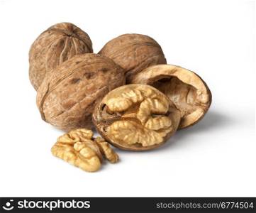 walnut and a cracked walnut isolated on the white background with clipping past