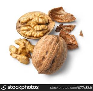 walnut and a cracked walnut isolated on the white background. with clipping path