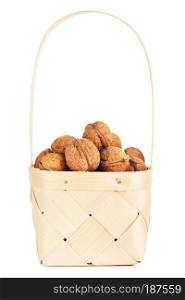 walnut in wooden basket, isolated on white background. Walnut In Wooden Basket