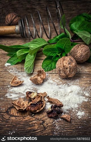 walnut. walnuts ingredient in the preparation of dough for pecan dessert