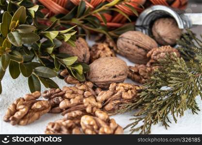 Walnuts and kernels of nuts on a white background near the basket.. Walnuts on a white background near the basket.
