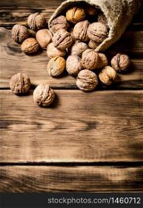 Walnuts in the old bag. On a wooden table.. Walnuts in the old bag.