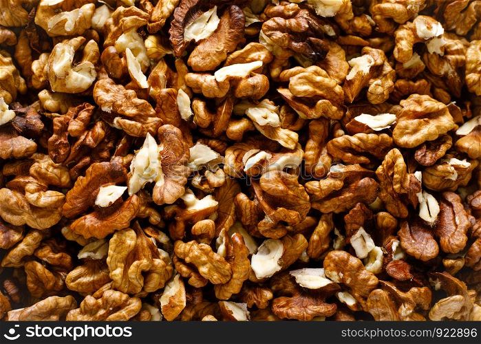 Walnuts. Kernels nuts background, top view