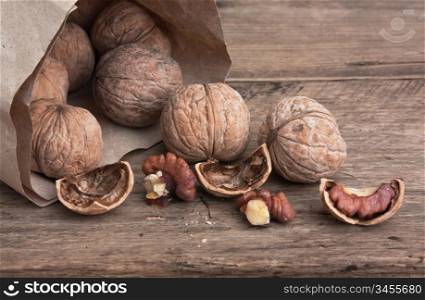 walnuts on an old wooden table
