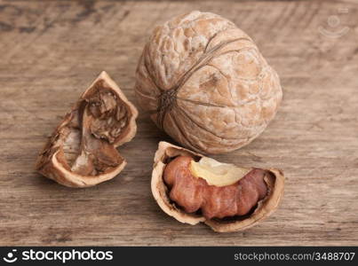 walnuts on an old wooden table