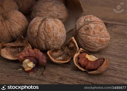 walnuts on an old wooden table
