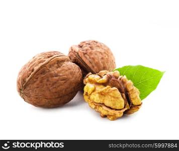 Walnuts with shell and green leaf isolated. Walnuts with leaf isolated