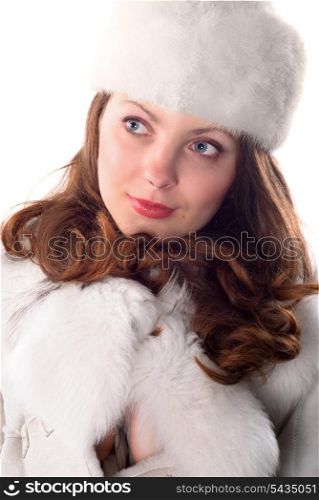 Waman in white cap and coat isolated on white background