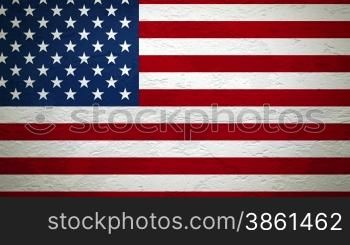 Wand mit Flagge der USA wird gesprengt, dahinter ist alles schwarz.