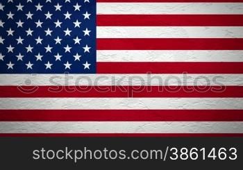 Wand mit Flagge der USA wird gesprengt, dahinter ist alles schwarz
