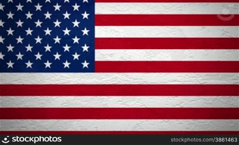 Wand mit Flagge der USA wird gesprengt, dahinter ist alles schwarz