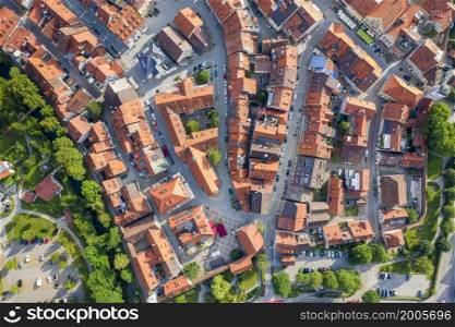 WANGEN IM ALLGAU, GERMANY - July 21.2019: Aerial view from drone to the ancient historic medieval old town