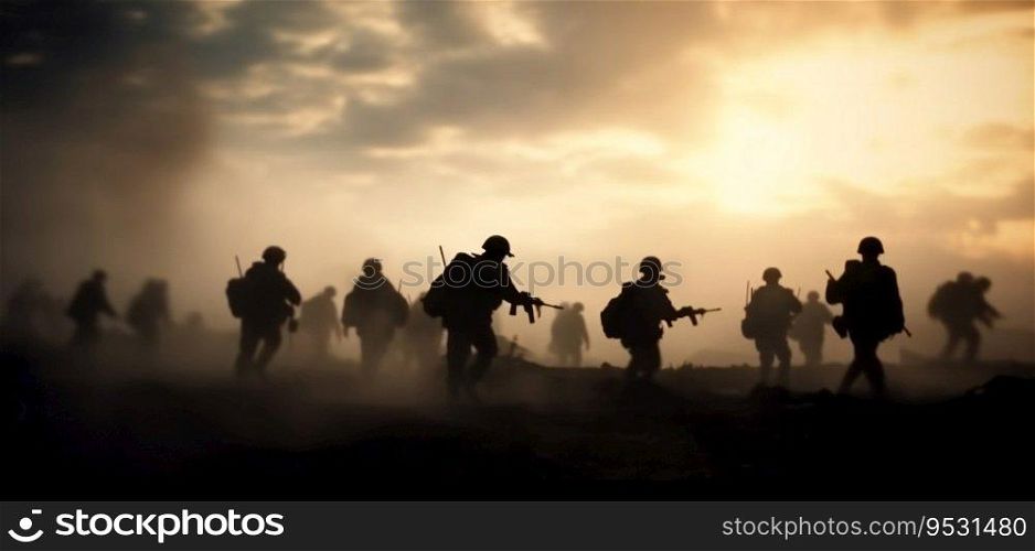 War Concept with soldiers on the battle field in the evening