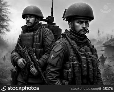 War in Ukraine. Two soldiers standing next to each other in a war zone . AI generated. Monochrome filter applied.