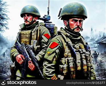 War in Ukraine. Two soldiers standing next to each other in a war zone . AI generated.
