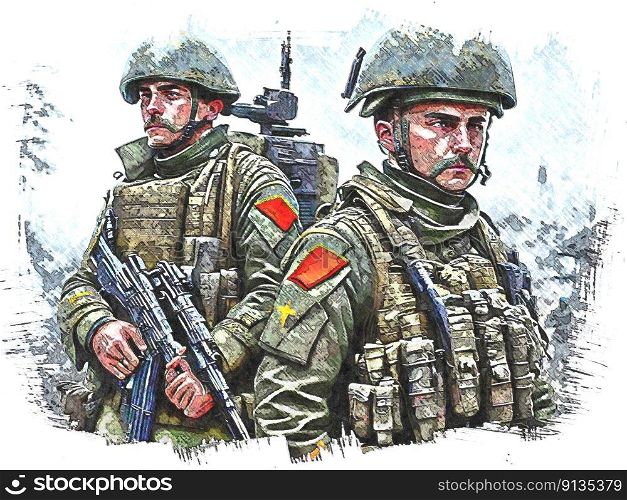 War in Ukraine. Two soldiers standing next to each other in a war zone.  AI generated. Ffilter applied to create a Fine Art image.