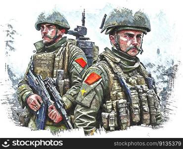 War in Ukraine. Two soldiers standing next to each other in a war zone.  AI generated. Ffilter applied to create a Fine Art image.