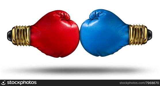 War of Ideas and debating innovative concepts with a group of two red and blue boxing gloves shaped as light bulbs fighting for creative supremecy as a business competition idea.