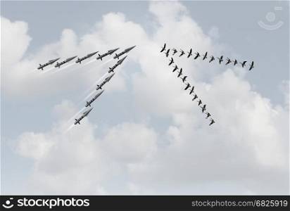 War peace concept as a group of peaceful geese in a v formation facing dangerous missiles as a metaphor for violence versus pacifism or diplomacy with 3D illustration elements.