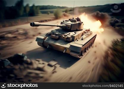 WAR SERIES, Motion Blur as Tank Speeding Under Fire on Dirt Road, created with Generative AI technology